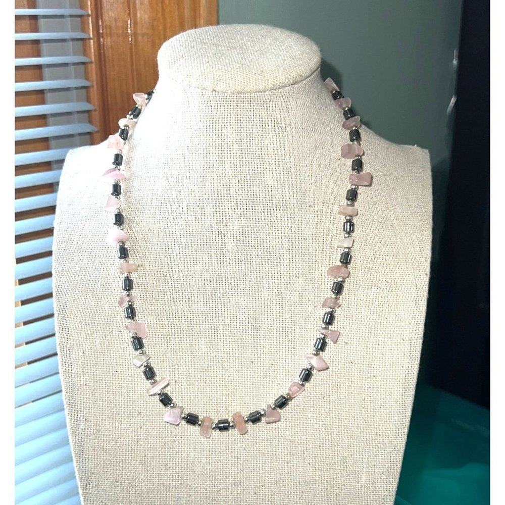 Pink Quartz and Hematite Genuine Necklace -- 16" - Picture 3 of 8